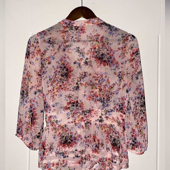 Elle Women Floral Chiffon Faux Wrap Lace Blouse Small Sheer Cottage Prairie - Picture 9 of 9